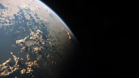 Planète nuageuse de nuit avec lumières de cité vues depuis l'orbite — exploration DAWNFALL Star Citizen