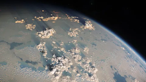 Station orbitale au-dessus d'une couche de nuages planétaires — exploration Star Citizen