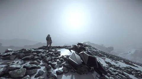 Explorateur DAWNFALL sur une crête enneigée avec véhicule ground — reconnaissance Star Citizen
