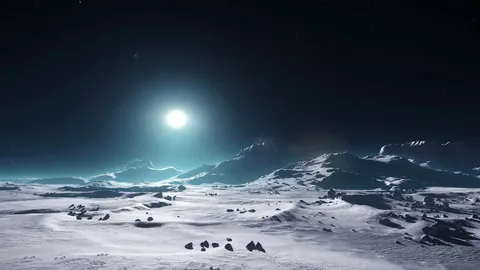 Plaine de glace et chaîne de montagnes sous un ciel étoilé — exploration Star Citizen