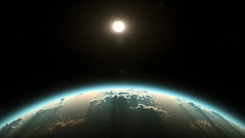Planète avec nuages et rayons de soleil vus depuis l'orbite — exploration DAWNFALL