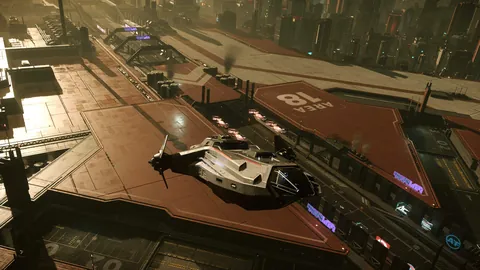 Vaisseau DAWNFALL sur le pad Area 18 à ArcCorp — exploration Star Citizen