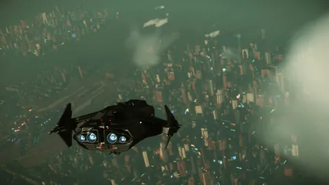 Vaisseau DAWNFALL survolant la mégapole ArcCorp — exploration Star Citizen