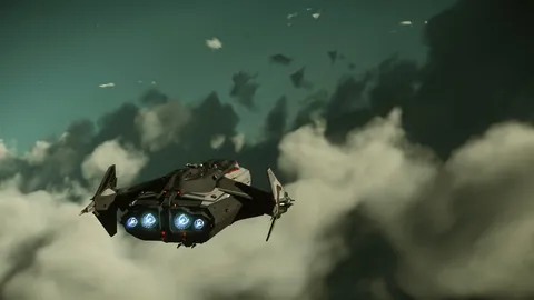 Vaisseau DAWNFALL traversant une couche de nuages épaisse — exploration Star Citizen