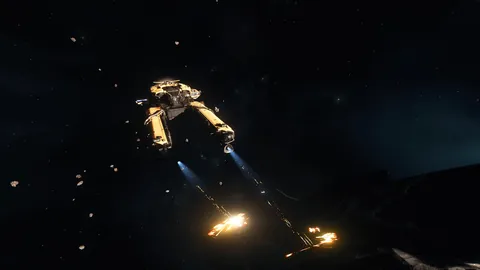 Vaisseau DAWNFALL en opération de salvage avec faisceaux bleus — industrie Star Citizen