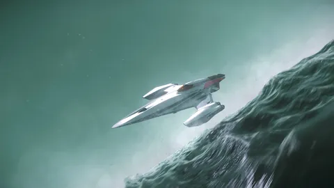 Vaisseau DAWNFALL volant bas au-dessus d'un océan agité — protection Star Citizen