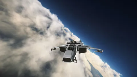 Chasseur DAWNFALL entre nuages et espace — protection Star Citizen