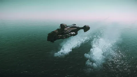 Vaisseau DAWNFALL fendant l'océan à basse altitude — protection Star Citizen