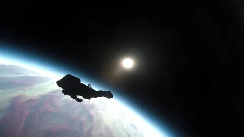 Vaisseau DAWNFALL en silhouette devant un soleil et une planète — communauté Star Citizen