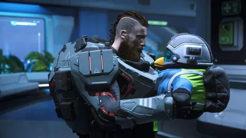 Membre DAWNFALL en armure avec Pico le pingouin — communauté Star Citizen
