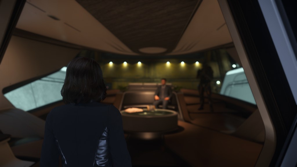 Approche d’une salle de négociation DAWNFALL sous escorte — neutralité et vigilance, Star Citizen
